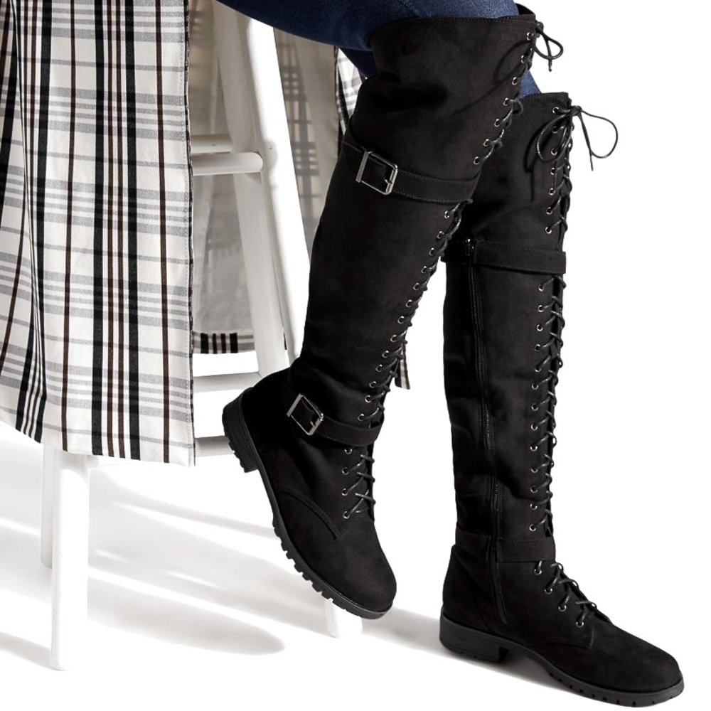 Thigh high combat flat boots